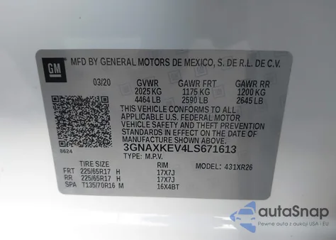 2020 Chevrolet Equinox Fwd Lt 1.5L Turbo из США, поврежденный, VIN 3GNAXKEV4LS671613
